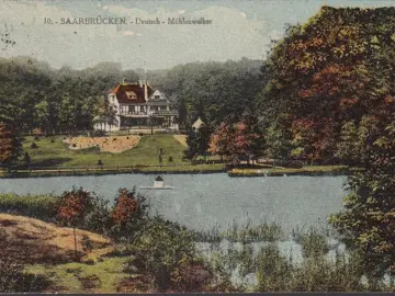 AK Saarbrücken, Deutschmühlenweiher, gelaufen 1927