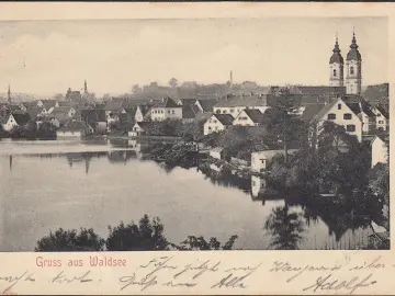 AK Gruss aus Waldsee, Stadtansicht, Kirche, Bahnpost, gelaufen 1906