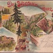 AK Das Bodetal im Harz, Hotel Rosstrappe, Teufelsbrücke, Bodekessel, Kronentempel, gelaufen 1900