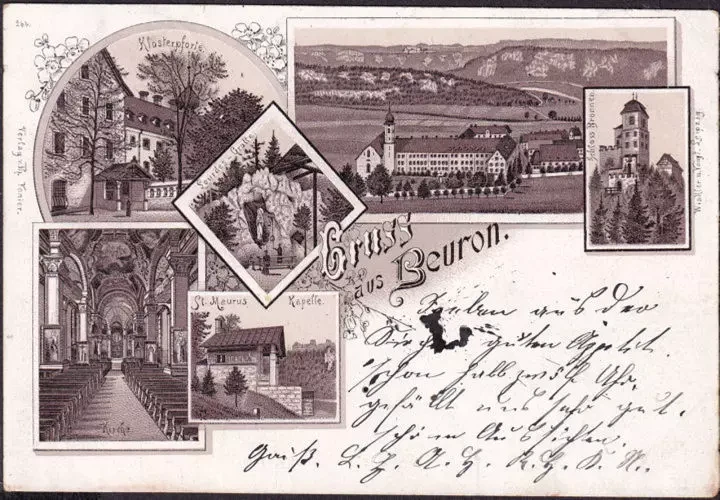 AK Gruss aus Beuron, Schloss Bronnen, Klosterpforte, Kirche, Bahnpost, gelaufen 1897