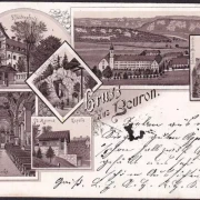 AK Gruss aus Beuron, Schloss Bronnen, Klosterpforte, Kirche, Bahnpost, gelaufen 1897