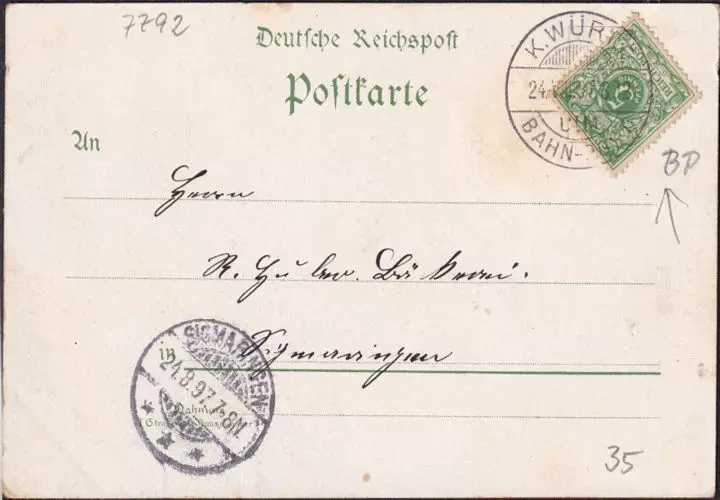 AK Gruss aus Beuron, Schloss Bronnen, Klosterpforte, Kirche, Bahnpost, gelaufen 1897