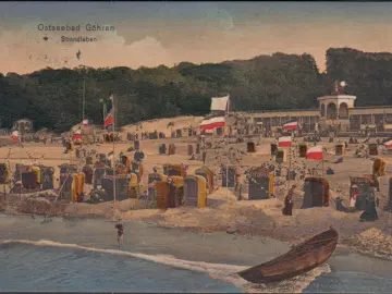 AK Göhren, Strandleben, Strandkörbe, Ruderboot, gelaufen 1904