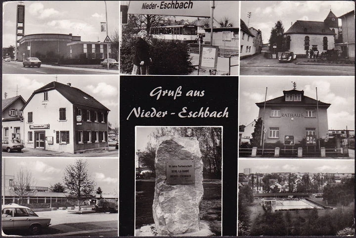 AK Nieder Eschbach, Rathaus, Darmstedter Hof, Schwimmbad, Kirche, gelaufen 1981