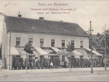 AK Gruss aus Mariendorf, Restaurant Adolf Dahlmann, Chaussee Str. 56, gelaufen 1909