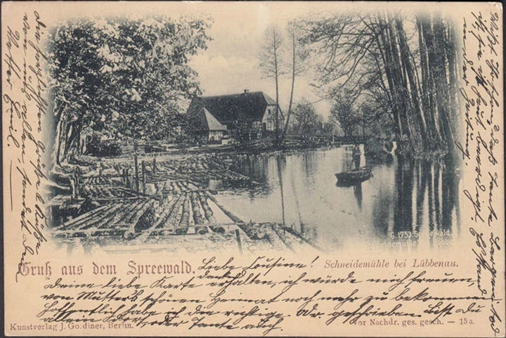 AK Gruss aus dem Spreewald, Schneidemühle bei Lübbenau, gelaufen 1898