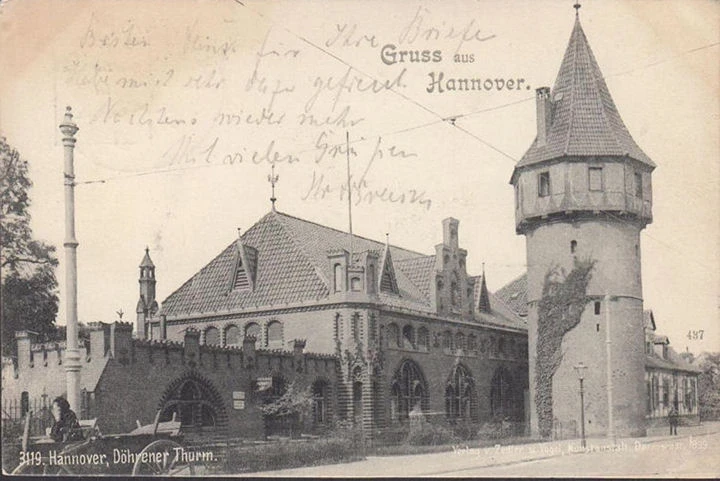 AK Gruss aus Hannover, Döhrener Turm, Bahnpost, gelaufen 1900