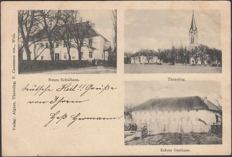 AK Thenning, Kirchberg Thening, Neues Schulhaus, Eckers Gasthaus, Stadtansicht, gelaufen 1899