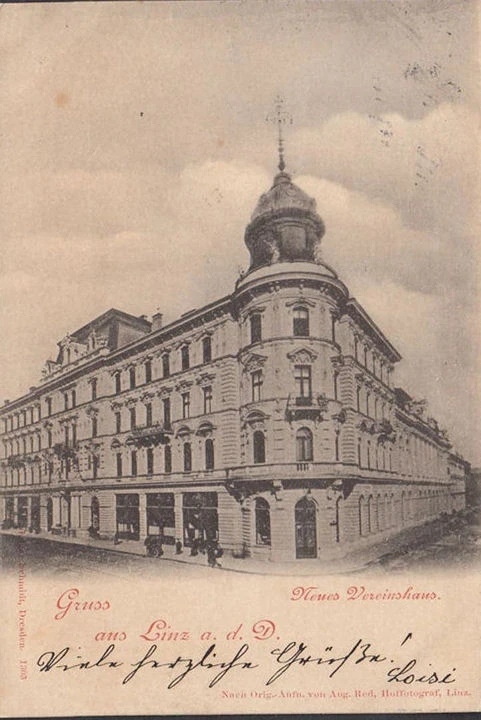 AK Gruss aus Linz, Neues Vereinshaus, gelaufen 1898