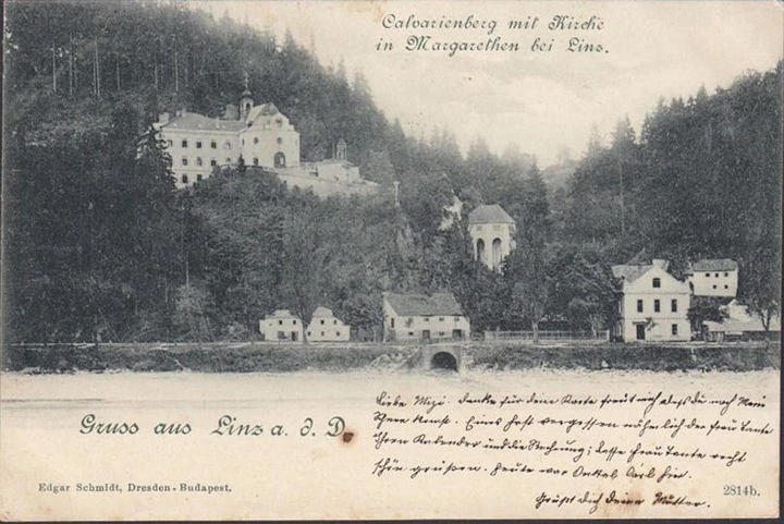 AK Gruss aus Linz, Calvarienberg mit Kirche, gelaufen