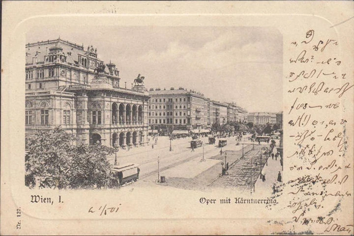 AK Wien, Oper mit Kärtnerstraße, Passepartout, 4 fach Stempel, gelaufen 1901