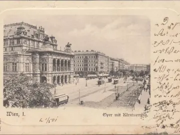 AK Wien, Oper mit Kärtnerstraße, Passepartout, 4 fach Stempel, gelaufen 1901