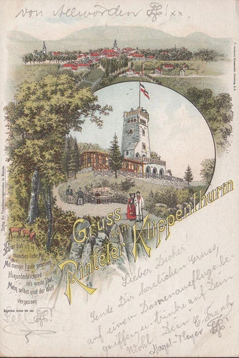 AK Gruss Rinteler Klippenturm, gelaufen 1897