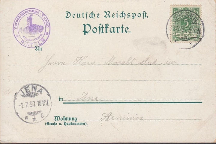 AK Gruss Rinteler Klippenturm, gelaufen 1897