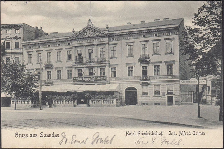 AK Gruss aus Spandau, Hotel Friedrichshof, Germania Säle, Bhanpost, gelaufen 1905