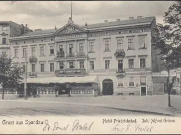 AK Gruss aus Spandau, Hotel Friedrichshof, Germania Säle, Bhanpost, gelaufen 1905