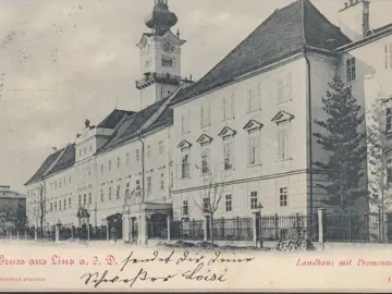 AK Gruss aus Linz, Landhaus mit Promenade, gelaufen