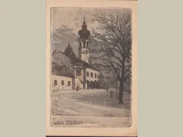 AK Grinzing, Pfarrkirche, Radierung, gelaufen 1928