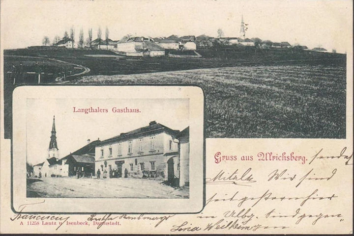 AK Gruss aus Ulrichsberg, Langthalers Gasthaus, Stadtansicht, gelaufen 1901