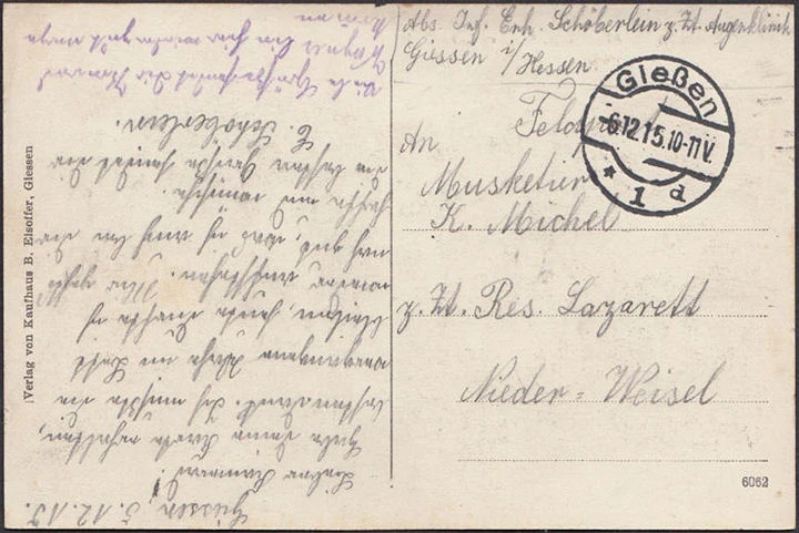 AK Giessen, Alte Klinik, Reserve Lazarett II, Feldpost, gelaufen 1915