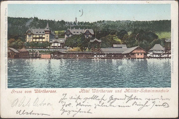 AK Gruss vom Wöthersee, Hotel und Militär Schwimmschule, gelaufen 1900