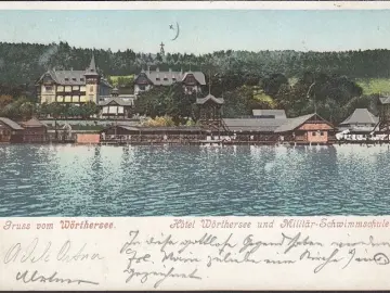 AK Gruss vom Wöthersee, Klagenfurt, Hotel und Militär Schwimmschule, gelaufen 1900