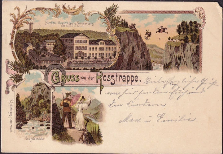 AK Gruss von der Rosstrappe, Hotel Rosstrappe, Teufelsbrücke, gelaufen 1899