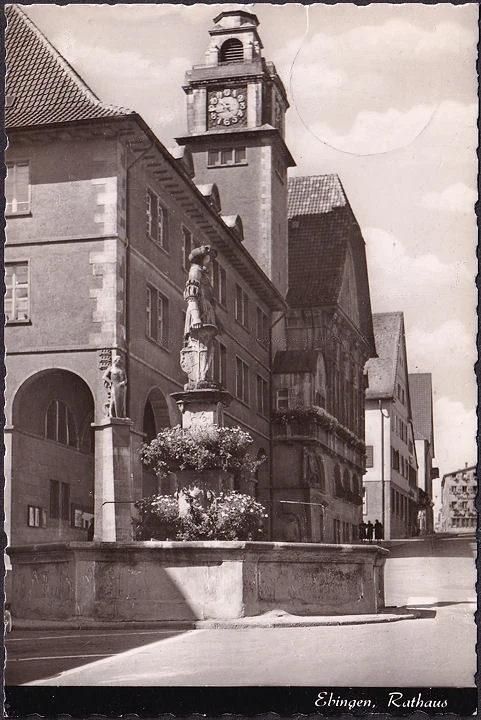 AK Ebingen, Rathaus, Brunnen, gelaufen 1959