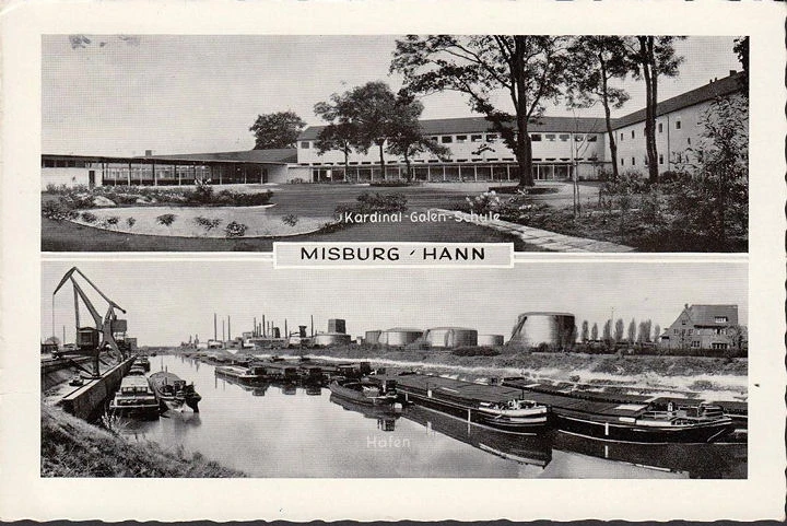 AK Misburg Anderten, Kardinal Galen Schule, Hafen, Kräne, Speicher, Schiffe, gelöaufen 1962