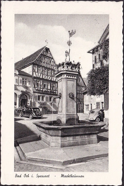 AK Bad Orb, Marktbrunnen, VW Käfer, gelaufen 1960