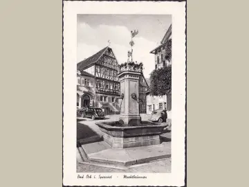 AK Bad Orb, Marktbrunnen, VW Käfer, gelaufen 1960