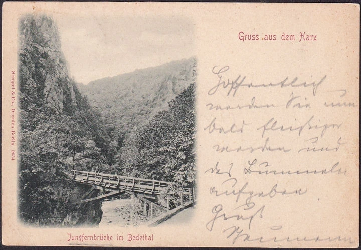 AK Gruss aus dem Harz, Jungfernbrücke im Bodetal, gelaufen 1899