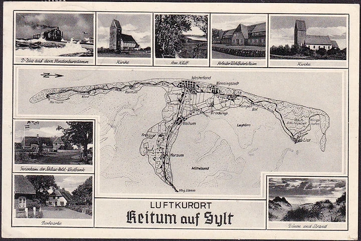 AK Sylt, Hindenburgdamm, Arbeiter Wohlfahrts Heim, Kirche, Dorfpartie, Ferienheim, gelaufen 1958