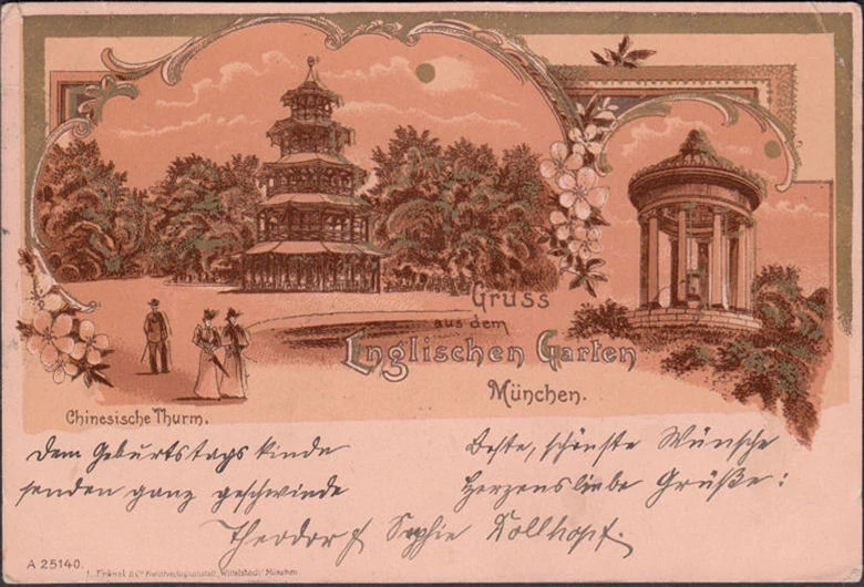 AK München, Gruss aus dem Englischen Garten, Chinesischer Turm, gelaufen 1908