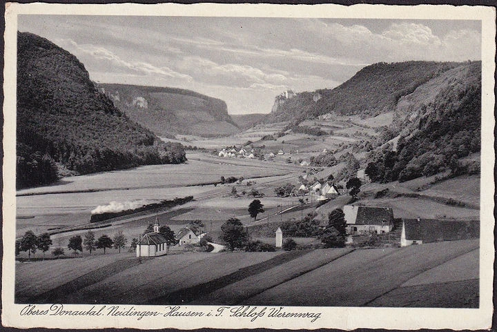 AK Neidingen Hausen, Ortsansicht, Eisenbahn, Schloss Werenwag, gelaufen 1936