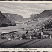 AK Neidingen Hausen, Ortsansicht, Eisenbahn, Schloss Werenwag, gelaufen 1936