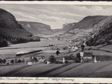 AK Neidingen Hausen, Ortsansicht, Eisenbahn, Schloss Werenwag, gelaufen 1936