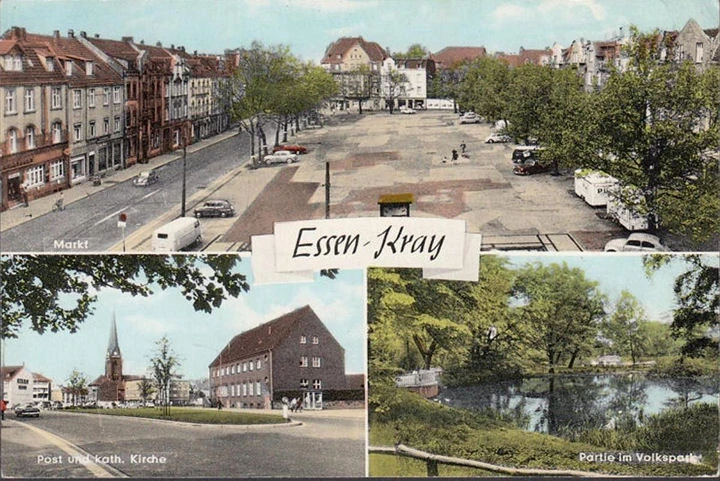 AK Essen Kray, Markt, Post, Volkspark, Kirche, gelaufen 1965