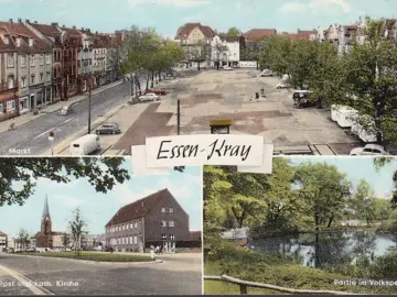 AK Essen Kray, Markt, Post, Volkspark, Kirche, gelaufen 1965