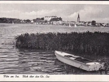 AK Plön, Blick über den Großen See, Stadtansicht, Boot, gelaufen 1958