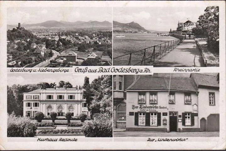 AK Bad Godesberg, Zur Landwirtin, Kurhaus, Rheinpartie, gelaufen 1949