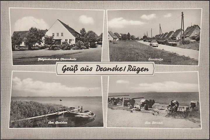 AK Dranske, Polytechnische Oberschule, Seestraße, Bodden, Strand, gelaufen