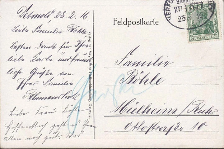 AK Detmold, Denkmal der 256er, Leutnant C. Heinrich Wiehe, Bahnpost, gelaufen 1916