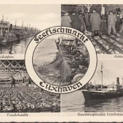 AK Cuxhaven, Fischereihafen, Kutter Heidmann, Schiff Detmold, Fischhalle, Auktion, gelaufen 1963