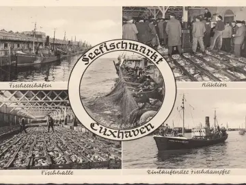 AK Cuxhaven, Fischereihafen, Kutter Heidmann, Schiff Detmold, Fischhalle, Auktion, gelaufen 1963