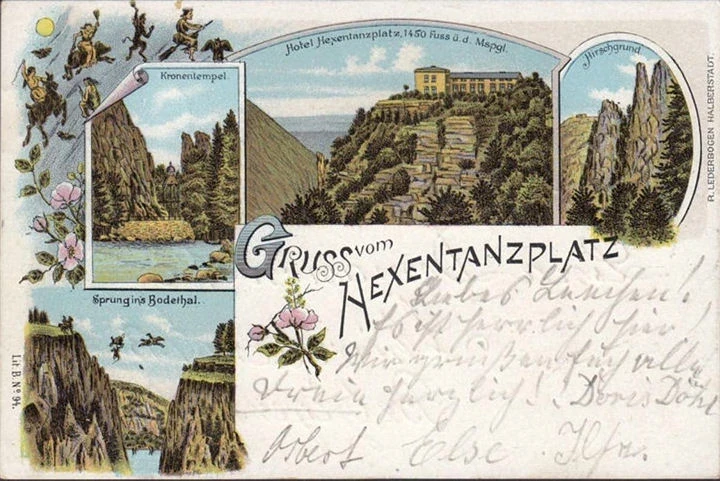 AK Gruss vom Hexentanzplatz, Bahnpost, Kronentempel, Hirschgrund, gelaufen 1901