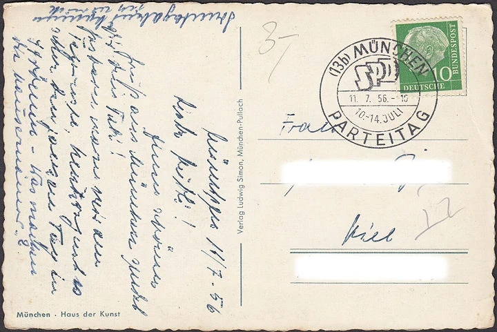 AK München, Haus der Kunst, Stempel des SPD Parteitages, gelaufen 1956