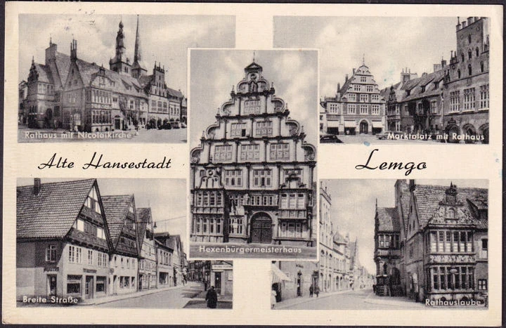 AK Lemgo, Rathaus, Marktplatz, Breite Straße, Rathauslaube, gelaufen 1956