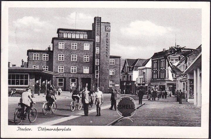 AK Itzehoe, Dithmarscherplatz, Shell Schild, Leihkasse Itzehoe, gelaufen 1957