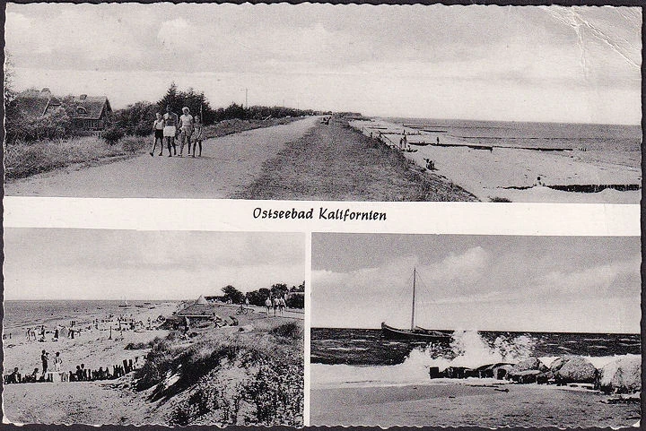 AK Kalifornien, Ostseebad, Deich, Strandgäste, Wellen am Strand, gelaufen 1956